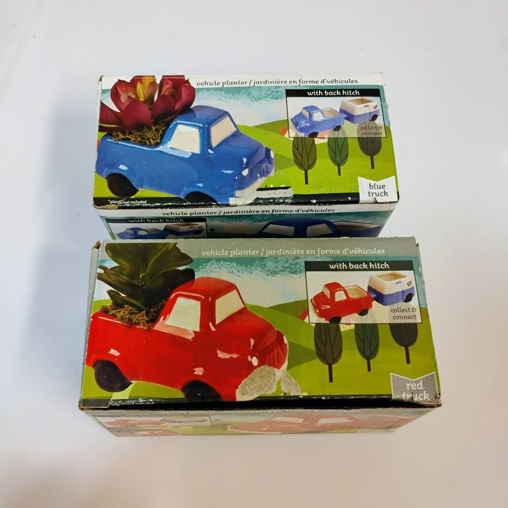 Red Blue Truck Planters, Set of 2, 5" Vehicle Plant Pot, Van Life, Gift for Boy - Picture 2 of 6